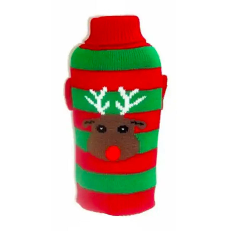 Rudolph Christmas Holiday Red Green Striped Pom Pom Nose Warm Dog Sweater