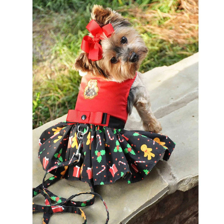 Christmas Gingerbread Holiday Dog Harness Dress with Matching Leash