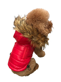 The Dog Squad Dog Coat XXS Ski Bunny Puffer with detachable hood, Shiny Red
