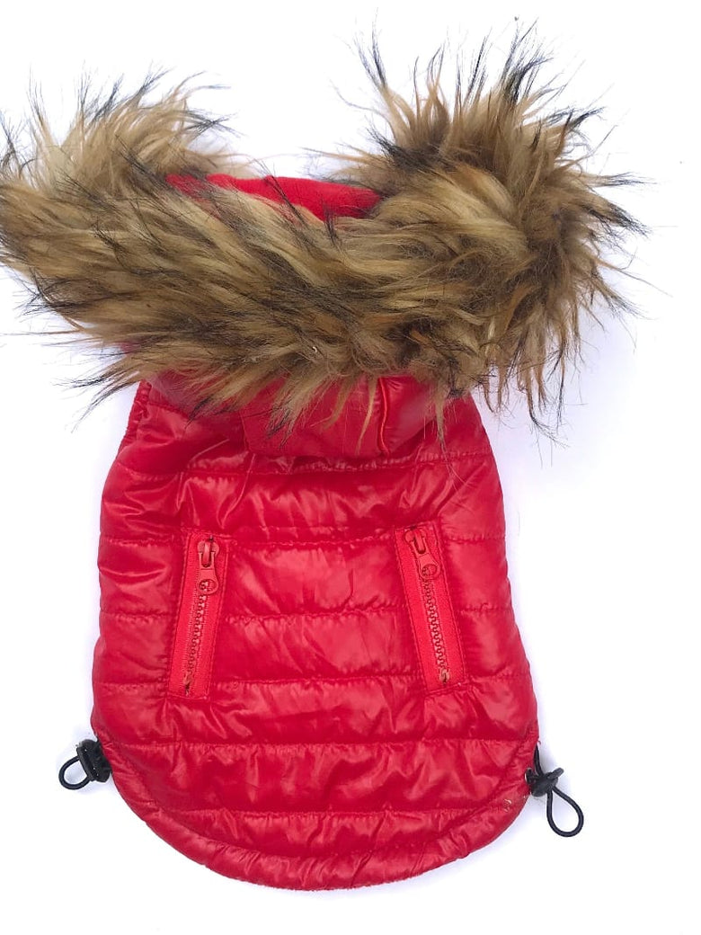 The Dog Squad Dog Coat Ski Bunny Puffer with detachable hood, Shiny Red