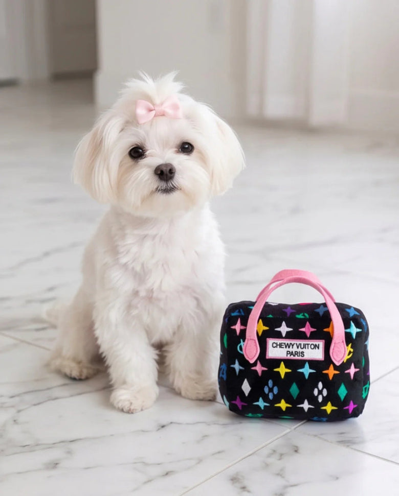 Black Monogram Chewy Handbag Parody Plush Squeaky Dog Toy - 2 Sizes