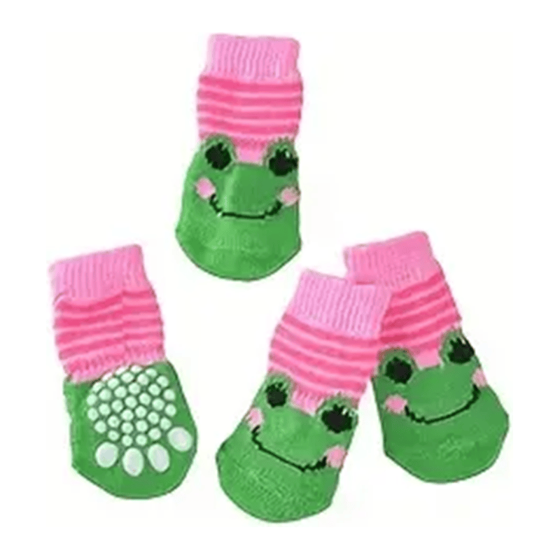 TM - DEVELOP STAR Pet Socks LG Smiling Frog Pink and Green Non-Skid Bottom Warm Pet Socks - 4pc