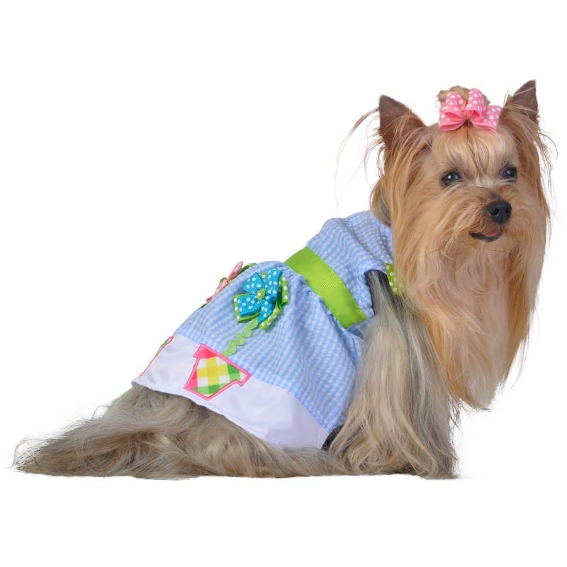 Barker's Bowtique Dresses XS Blue Flower Pot Gingham with Polka Dot Dog Dress - XS available