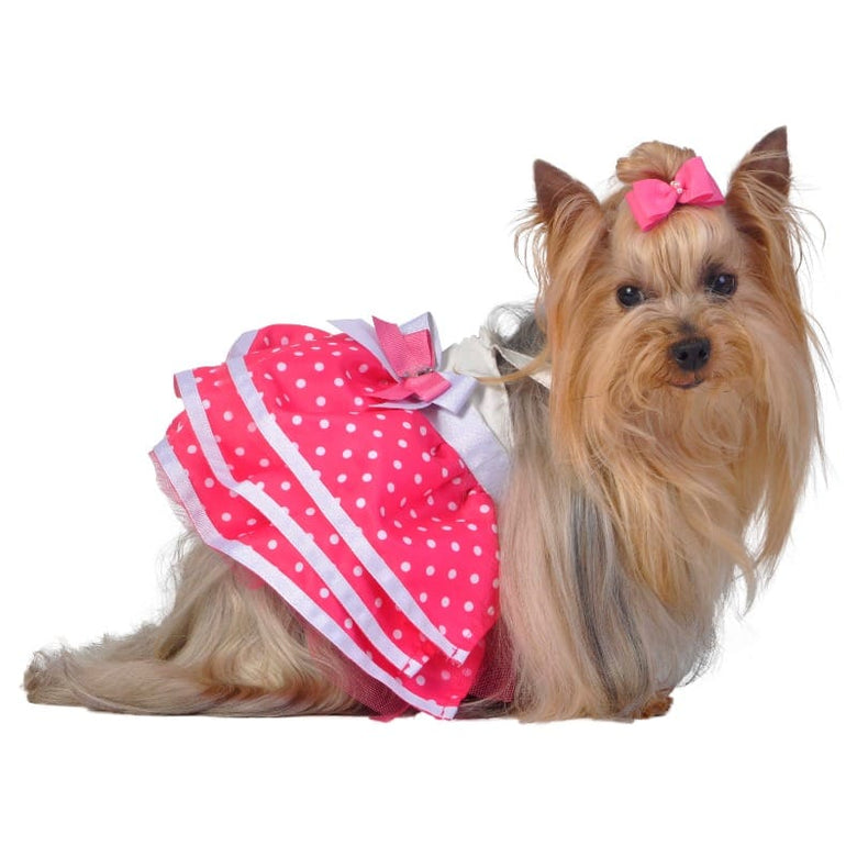 Barker's Bowtique Dresses SM Strappy Pink Polka Dot Tutu with Ribbon Jeweled Adornment Dog Dress