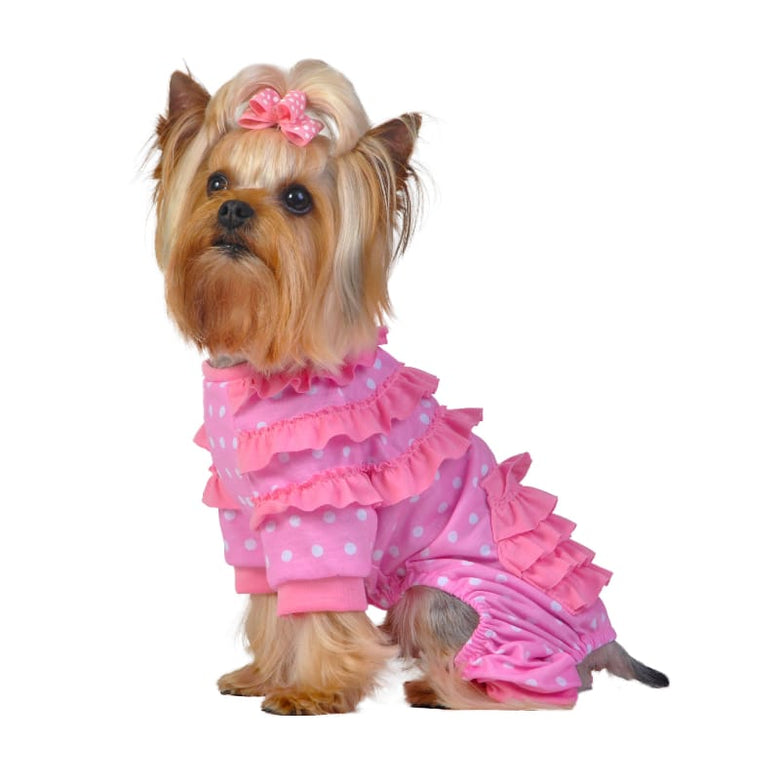 Barker's Bowtique Pajamas MD Ruffle Bloomer Pink Polka dot Pet Jammies