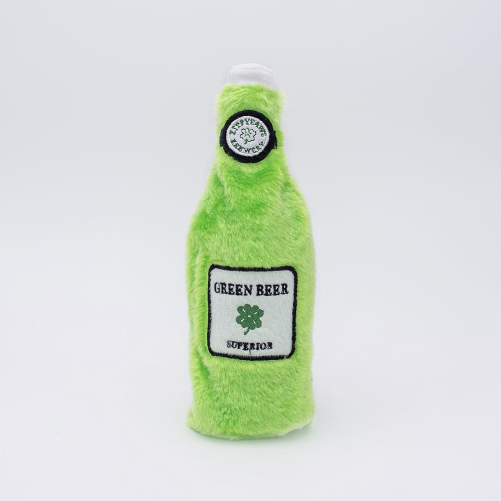 Zippypaws dog toys St. Patrick's Happy Hour Crusherz Green Bottle Plush Dog Toy