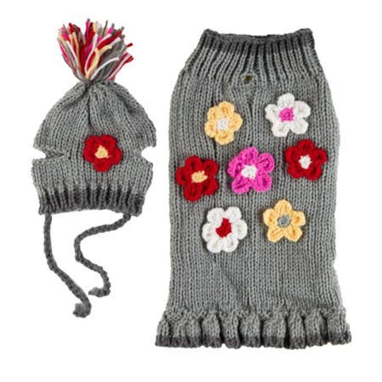 Barker's Bowtique - Home to Hip Doggie & Max's Closet Sweaters SZ12 Flower Pet Sweater w/Hat - Light Grey