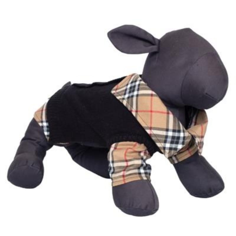The Worthy Dog Sweaters Tan Plaid Black Layered-Look Cardigan Dog Sweater