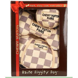 Haute Diggity Dog dog toys LIMITED EDITION Checker Chewy Box Plus Squeak Dog Toy Set - 3 Pc