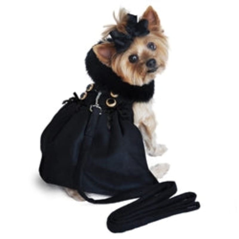 Doggie Design, Inc. Jackets-coats Wool Blend Black Faux Fur Collar Harness Dog Coat with matching Leash