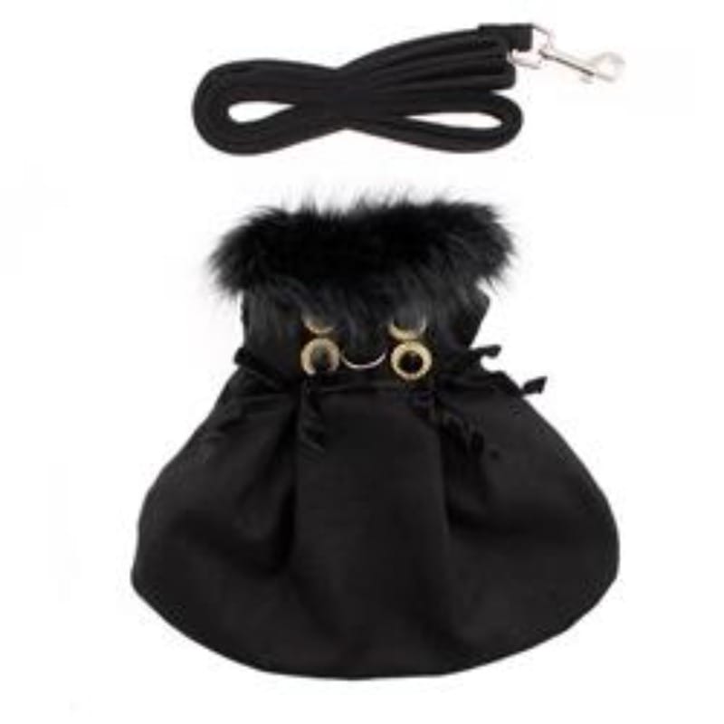 Doggie Design, Inc. Jackets-coats XS Wool Blend Black Faux Fur Collar Harness Dog Coat with matching Leash