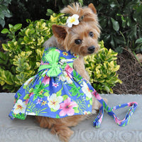 Doggie Design, Inc Dresses Blue Lagoon Hawaiian Hibiscus Dog Harness Dress w/ Matching Leash & D-Ring