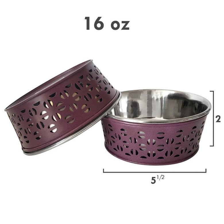 JoJo Modern Pets Bowls Plum Wine Farmhouse Metal Punchout Stainless Steel Dog Bowl - 16oz.