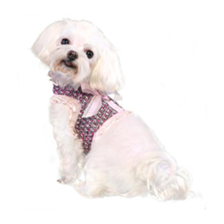 Pooch Outfitters Harnesses XL Addison Tweed and Pink Bow with Bling Brooch Dog Harness