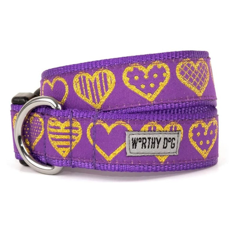 The Worthy Dog Collars XSM Purple Love Heart Dog Collar